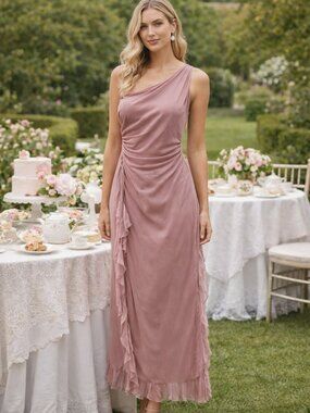 New One Shoulder Ruched Midi Dress Pink Sheer Ruffle Hem